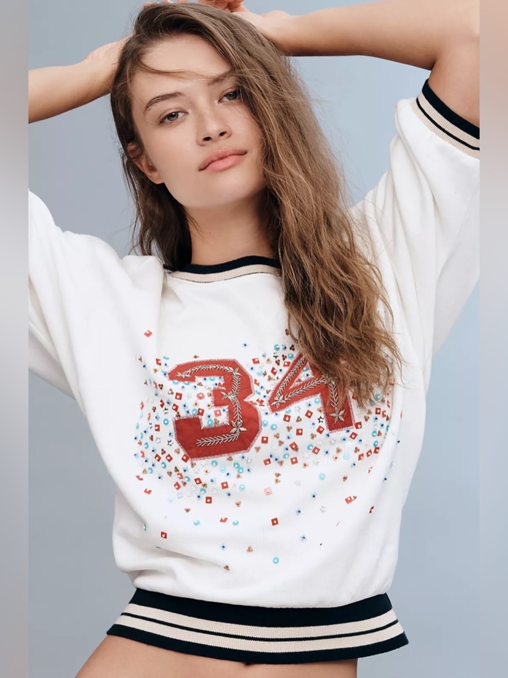 Anthro Pilcro Beaded Varsity Crewneck Tee Size S NWT Graphic Embellished